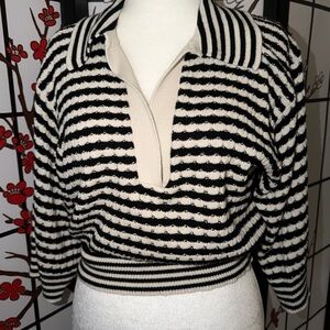 Ramy Brook Black and Cream Striped V-Neck Collared Sweater